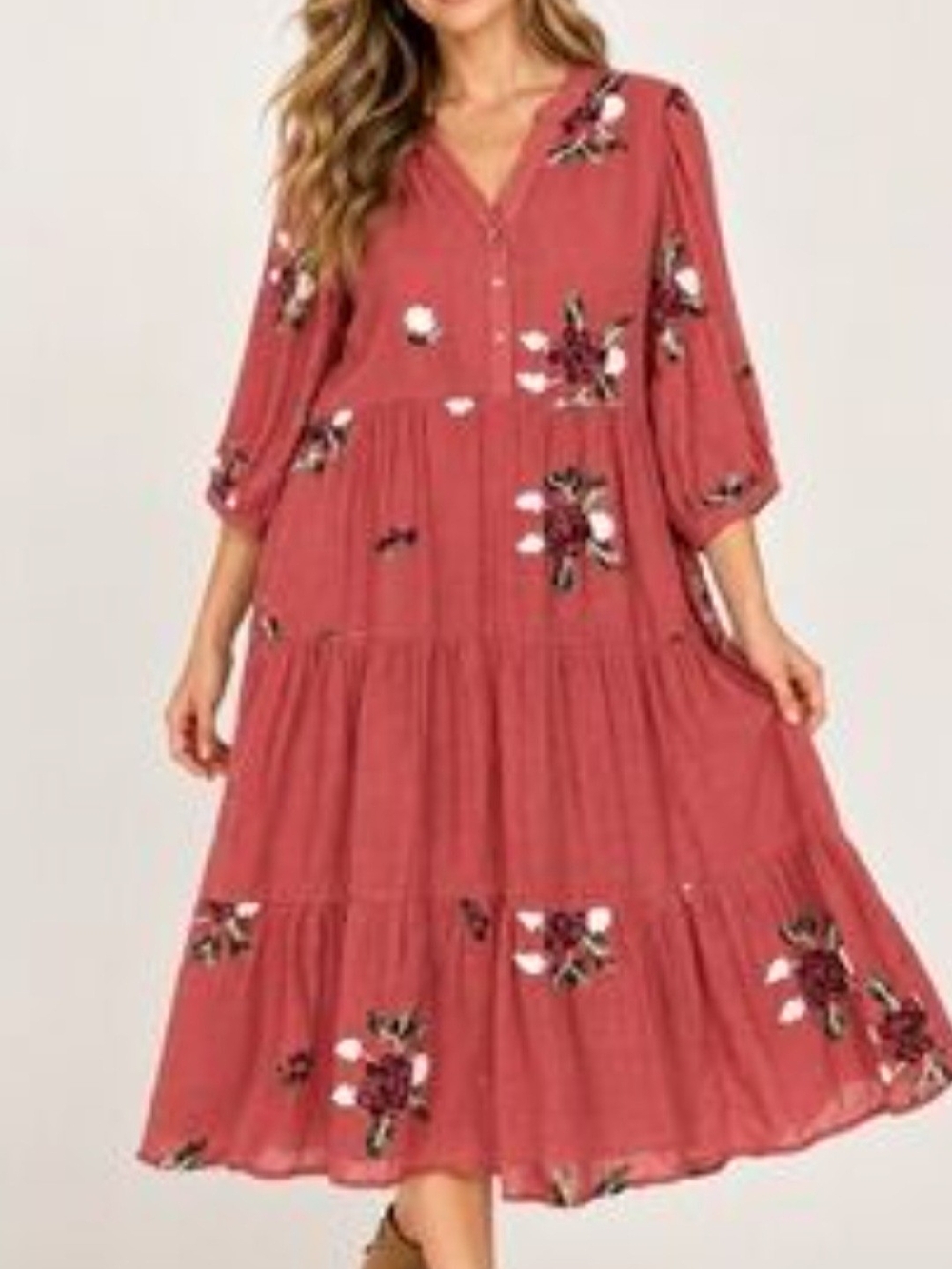 Fig & Flower Floral Tiered V-Neck Midi Dress in Dusty Rose